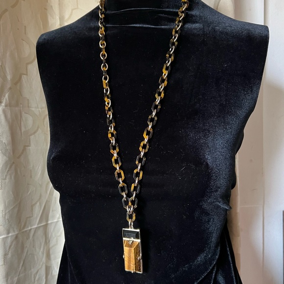 Vintage Jewelry - Funky Vintage Statement Pendant Necklace Gold Black Tiger Eye Retro Unisex